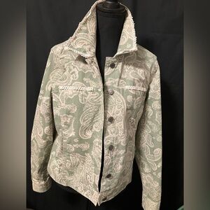 Up-cycled Lace Trimmed Jean Jacket Croft & Barrow Green Paisley Denim